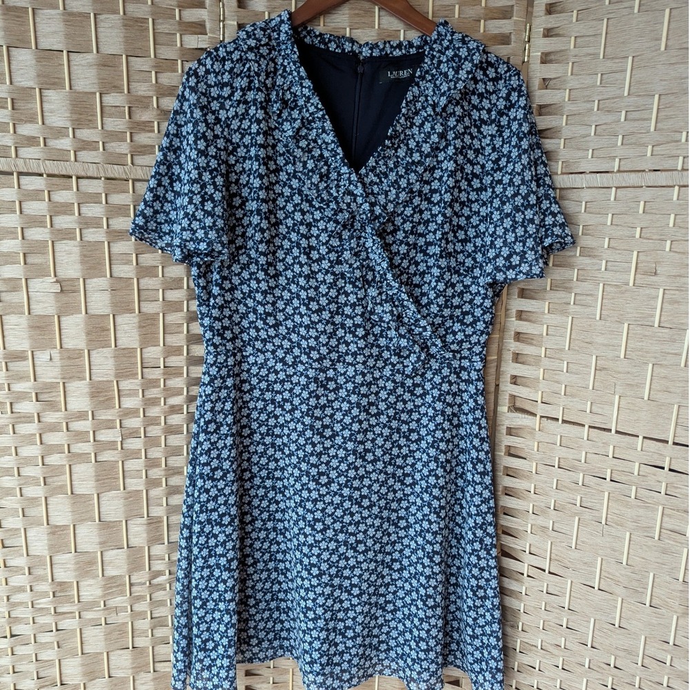 Lauren Ralph Lauren Floral Faux Wrap Dress Navy Blue Flutter Sleeve Womens 14